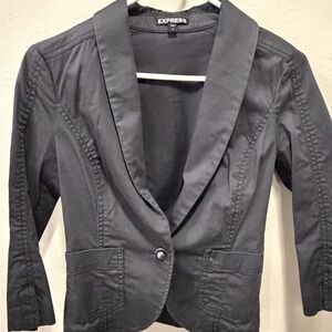 Juniors SZ S Express Girls Blazer Dark Grey Button Front V Neck Denim Blazer